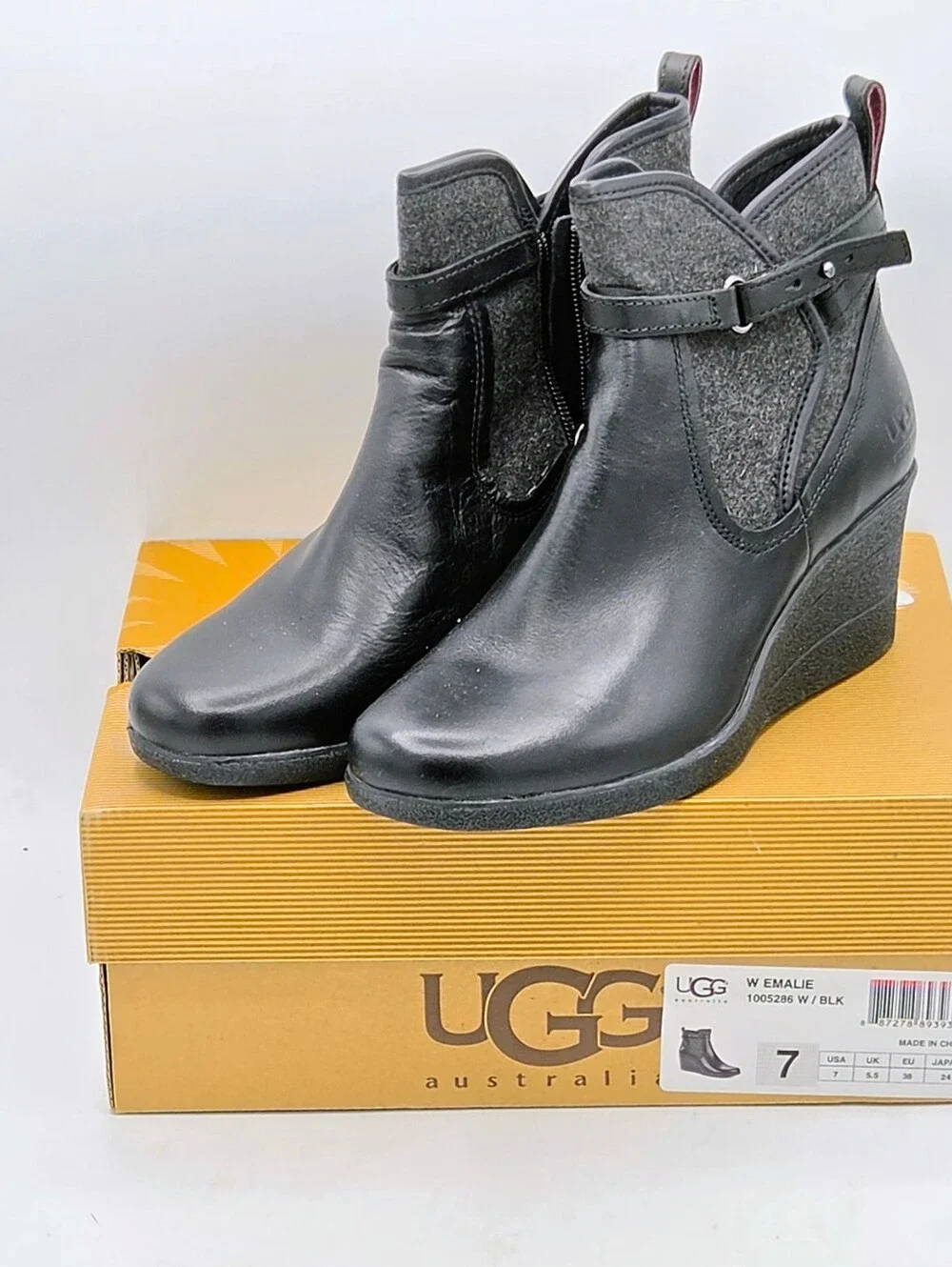 ​UGG Australia Emalie Waterproof Black Leather Wedge Booties Size 7